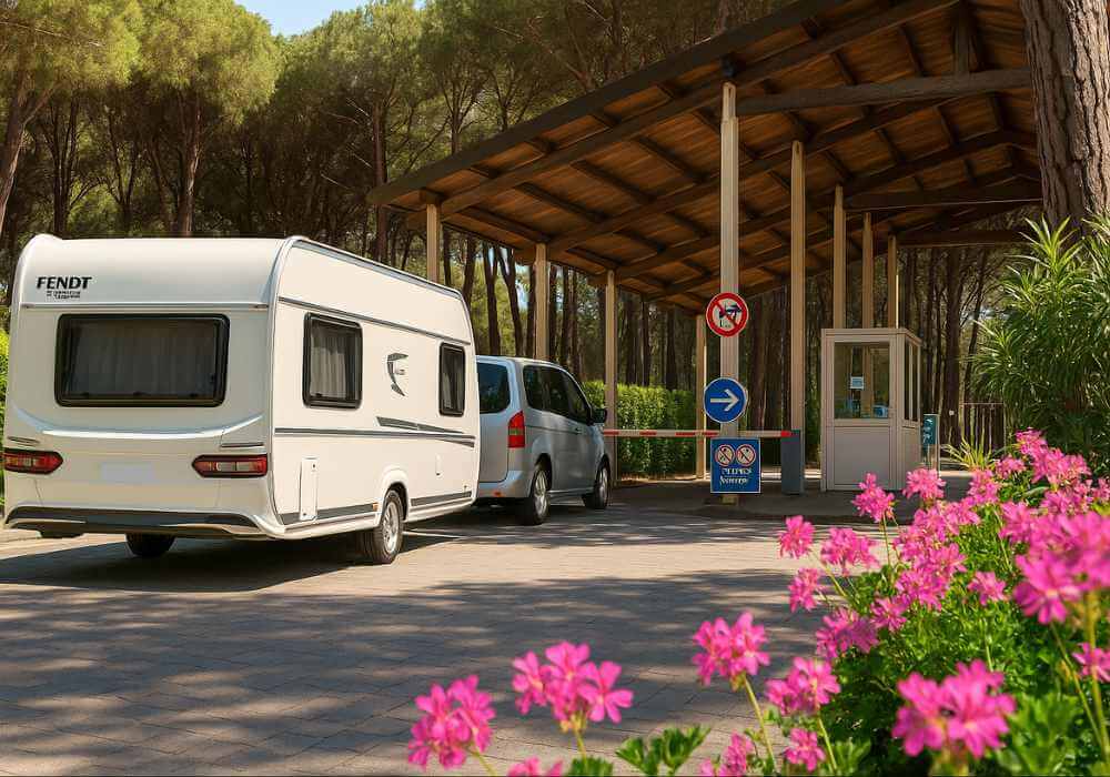 Preventivo trasporto roulotte 2025: ingresso campeggio con roulotte e freccia blu al check-in.