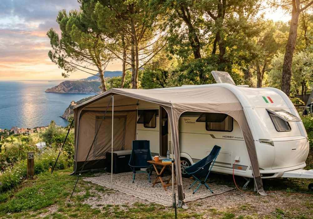 Roulotte con veranda completamente montata in piazzola campeggio con vista mare al tramonto — servizio chiavi in mano Camping Nautica Marcon