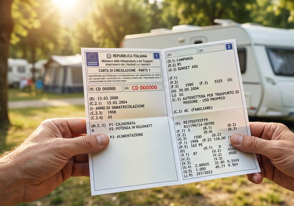 Passaggio di proprietà roulotte: mani che si scambiano la carta di circolazione davanti a una roulotte bianca